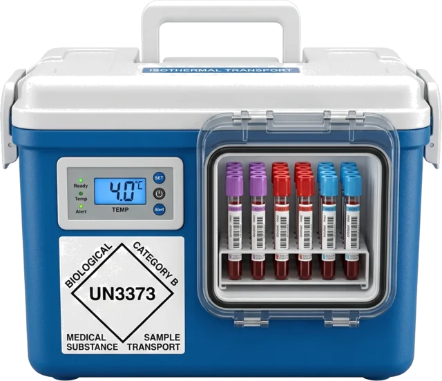 Contenedor isotérmico con control de temperatura para transporte de muestras clínicas y biológicas